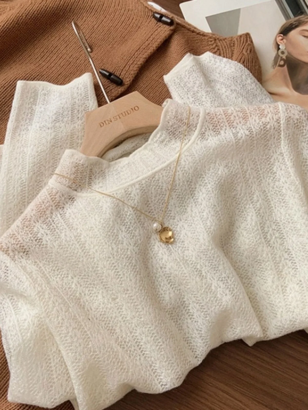 

Брендовый женский топ Long Sve с кружевным вязаным базовым слоем Elely Sweet Sle, свободный крой, тонкий весенний топ из ацетатного волокна