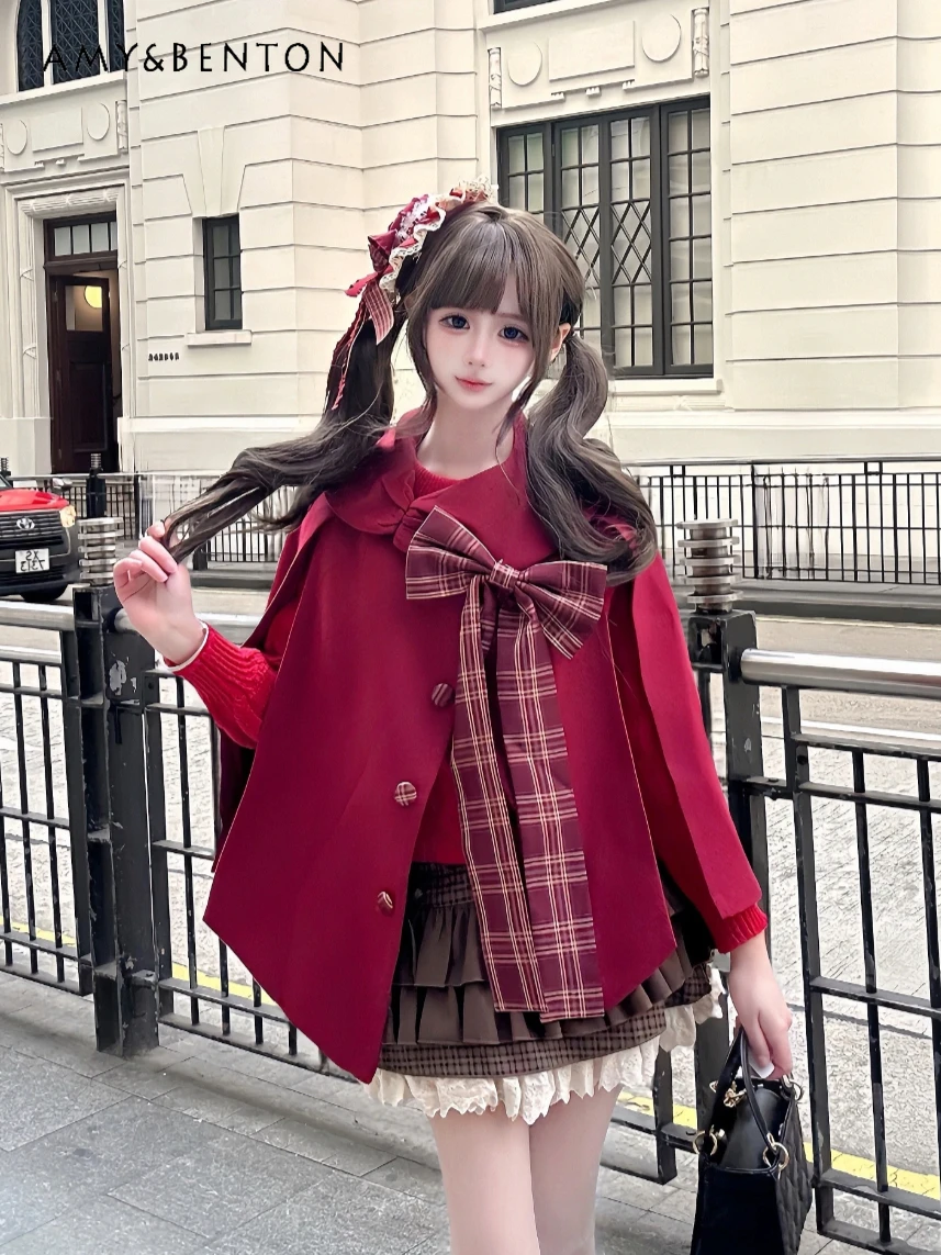 عيد الميلاد الأحمر كيب الخريف الشتاء جو الصوف لوليتا القوس الكبير الحلو فتاة دمية طوق واحدة الصدر كيب الصوف معطف المرأة #1