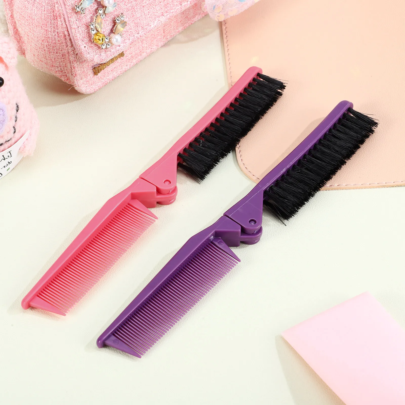 

2pcs Foldable Comb Mini Travel Hair Brush for Women Men Portable Small Purse Size Pocket Comb Deep Purple Pink