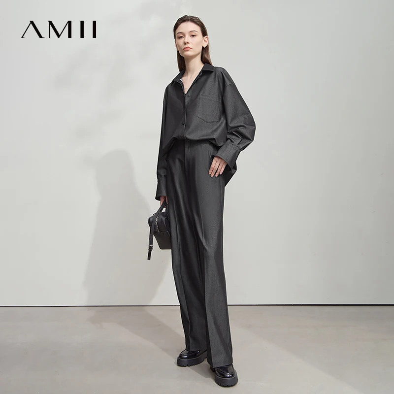 AMII 2025 Autumn Women Shirt Retro Imitation Denim Office Lady Tops Casual Loose Trousers Wide-leg Pant Separately 12543014
