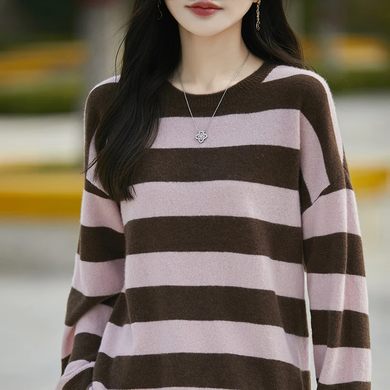 100% Merino Wool Knitted Sweater Women's 2024 Autumn/Winter Fashion O-Neck Stripe Tops Soft Warm Loose Pullover Female Clothes
