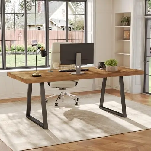 63" Industrial Executive Desk, Solid Wood Computer Laptop Desk with Strong Metal Legs, Study Writing Table Business view 3