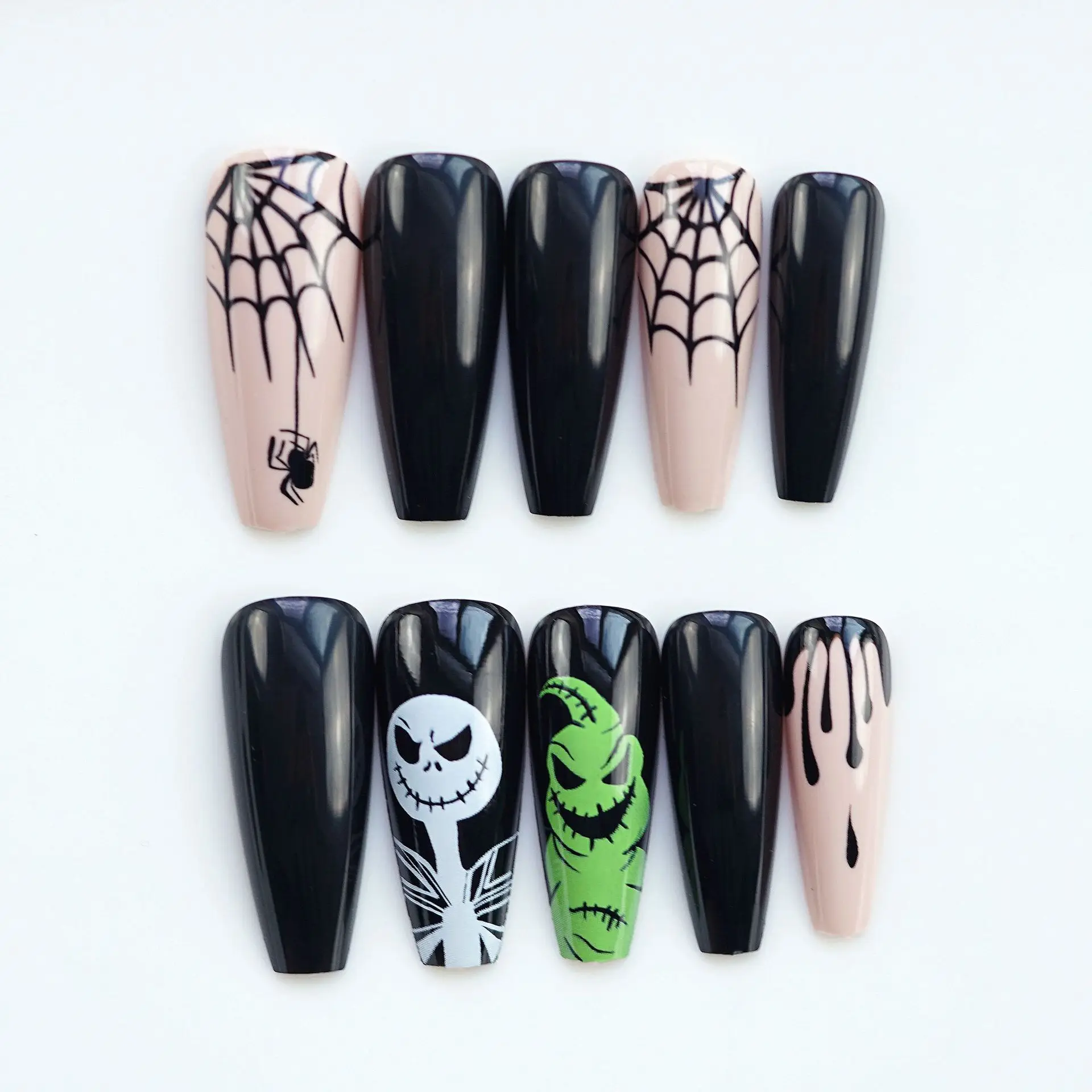 24 pcs yellow and green skull long T coffin fake nail piece Halloween Festival black wear nail press on nails