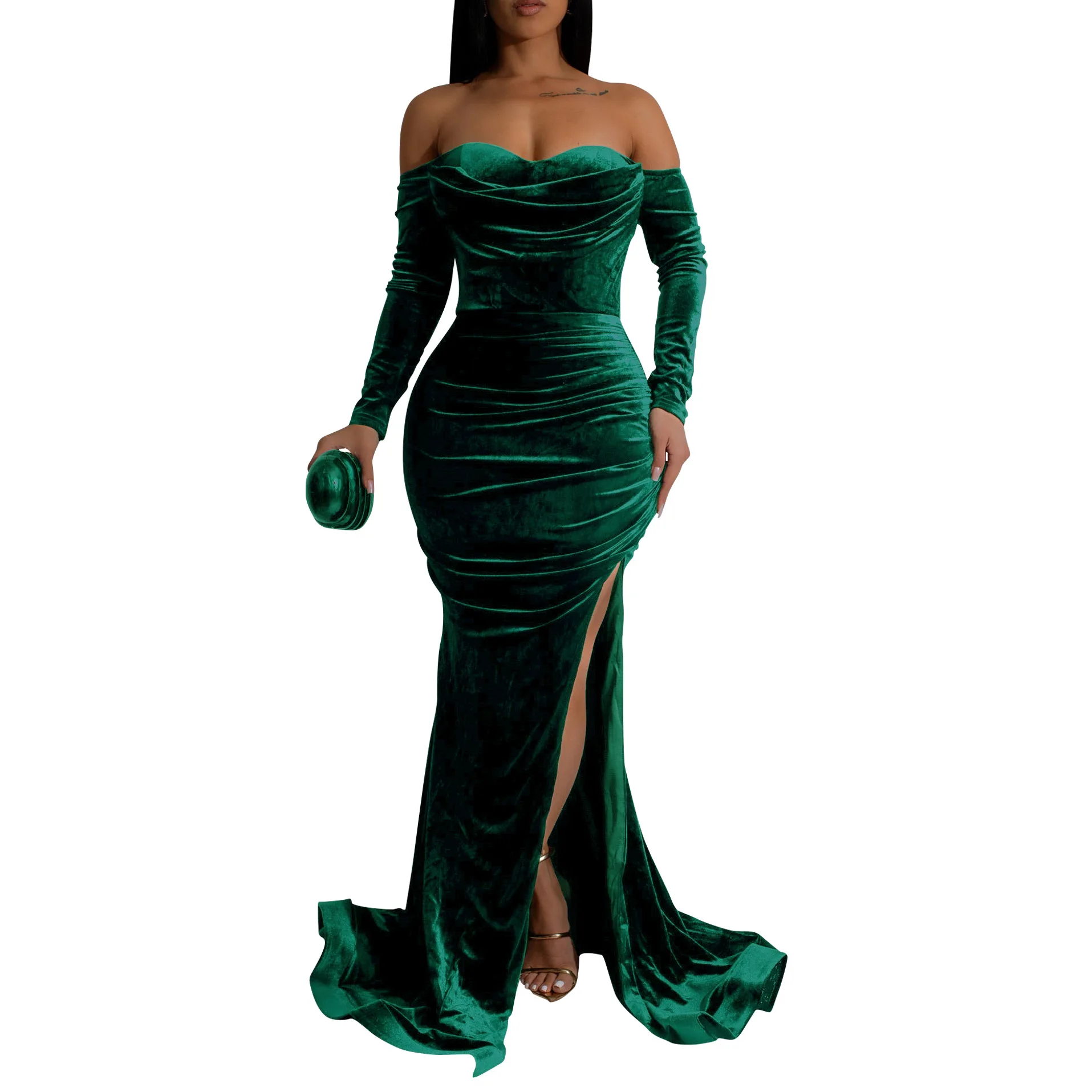 

Velvet Plus Size African Party Evening Dresses for Women 2026 Spring Autumn African Long Sleeve Solid Color Long Maxi Dresses