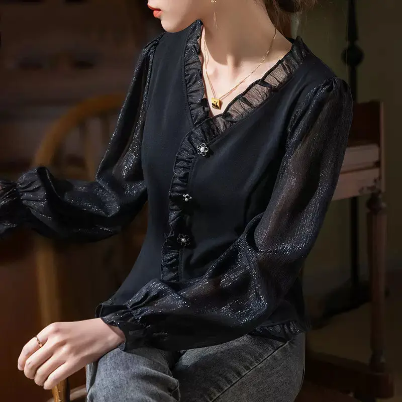 Elegant V-Neck Slim Shirt Female Clothing Solid Color Spring Autumn Long Sleeve Office Lady Stylish Ruffles Bright Silk Blouse