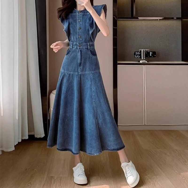

Xiaofei Sleeve Denim Dress Women's Spring and Autumn 2026 New Design Sense Niche Age Reduction Temperament Knee Long Dress