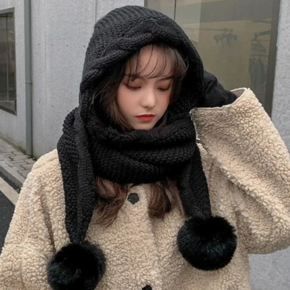 

Twist Knitted Hat Scarf Set Neck Warmer Ear Protection Cycling Balaclavas Hat Thicken Korean Style Women Hooded Scarf Autumn