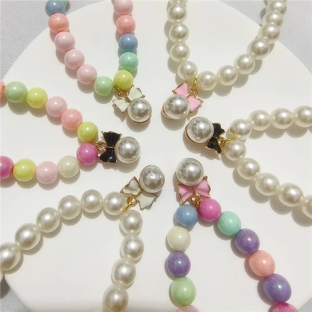 Macaron Pearl Pet Necklace, Bowknot Pearl Pendant, Adjustable Gold Chain Beaded Collar for Small Cat Puppy Party Photo Jewelry