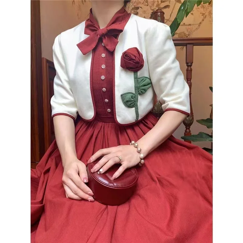 

Vintage French Style Woman Outfits Retro Gothic Red Bow Sleeveless Tank Dress & Short Design Elegant Jacket Modern 2 Piece Set