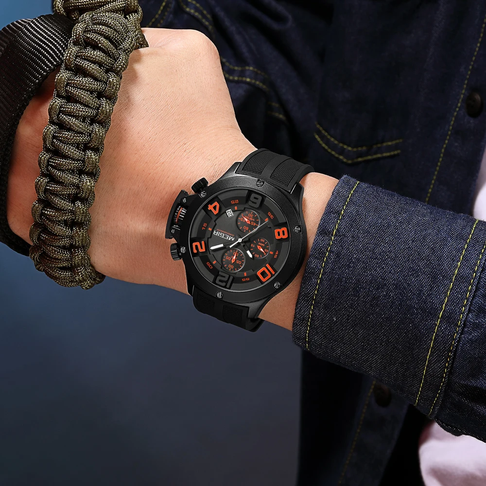 MEGIR Top Brand Mens Watches Luxury Fashion Silicone Quartz Wristwatch Waterproof Luminous Chronograph Watch for Male Date Clock