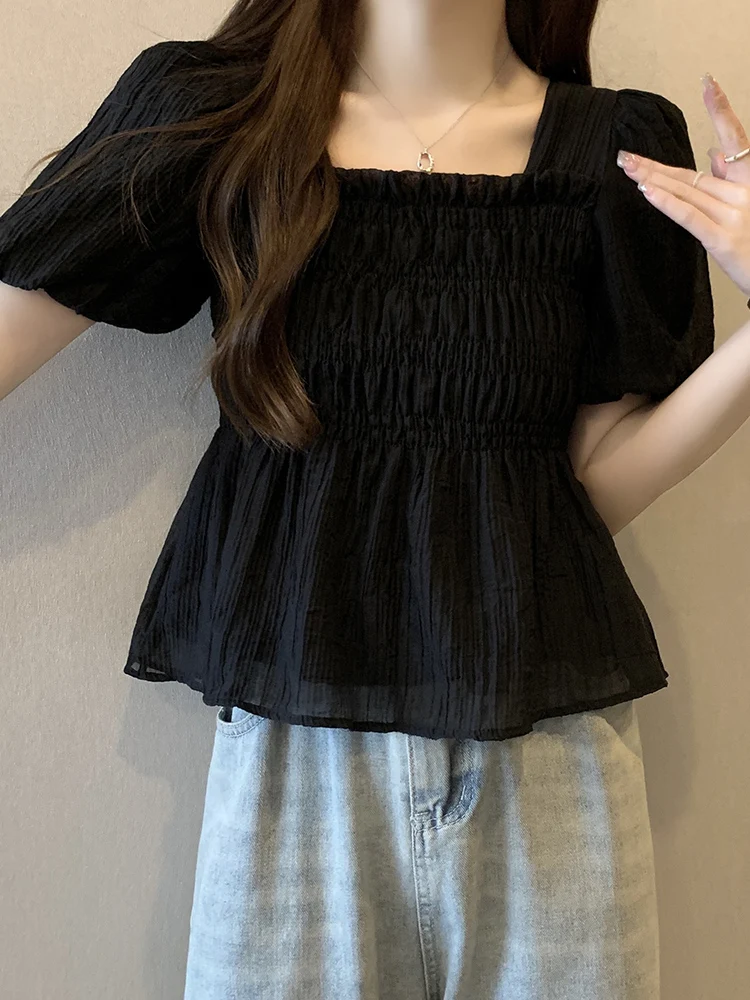 

plus Size Pleated Square Collar ort Sve Women's irt Summer Slimming Design Casual Bubble Sve Chiffon Top