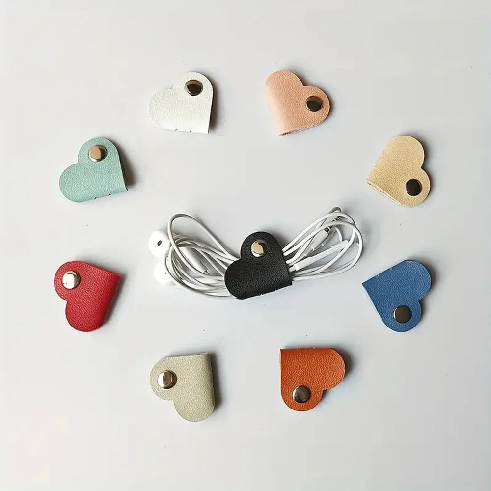 Multifunctional PU Leather Phone Data Cable Organizer Data Storage Heart-shaped Cable Clip Hub Wired Headphone Winding Clip