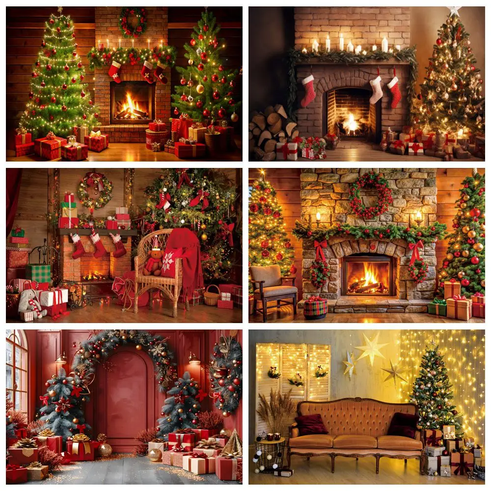 

Christmas Interior Room Scene Backdrop Xmas Tree Fireplace Sofa Vintage Wall Family Party Portrait Photography Background Decor