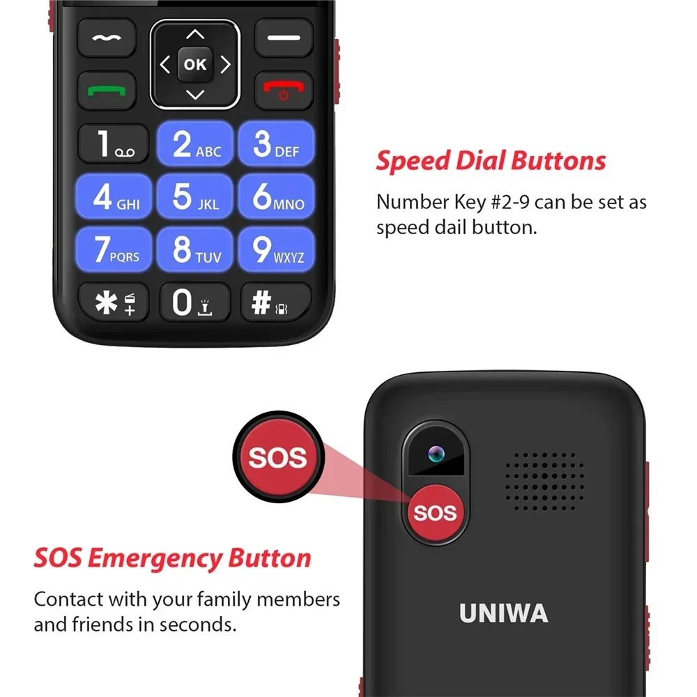 UNIWA V1000 2.31 Inch 4G Phones Flashlight 0.3MP Camera Big Button Long Time Standby Russian Keypad Mobile Phone Unlocked SOS