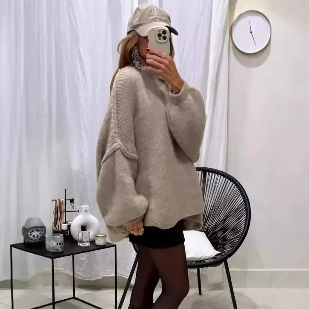 

Women Knit Sweaters Full Sleeve Half High Collar Pullover Jumpers Loose Casual Solid Sweater Thick Splice Lady Winter 2025
