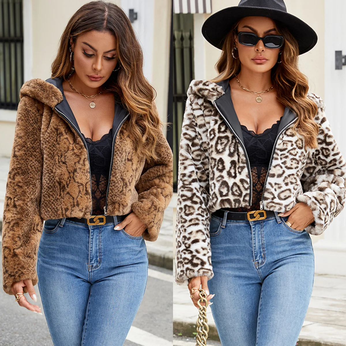 

Ledpard Print Women Winter Eco Fur Coat Color Matching Zipper Artificial Warm Fur Coat For Lady Hairy Hat Female Faxu Fur Jacket