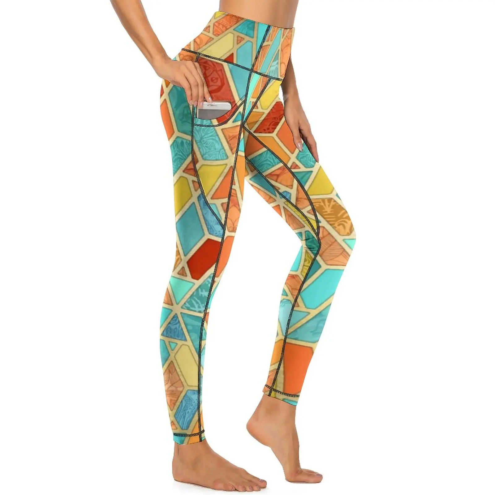 

Abstract Patchwork Leggings Sexy Geometric Tile Print High Waist Yoga Pants Kawaii Stretch Leggins Custom Workout Sports Tights