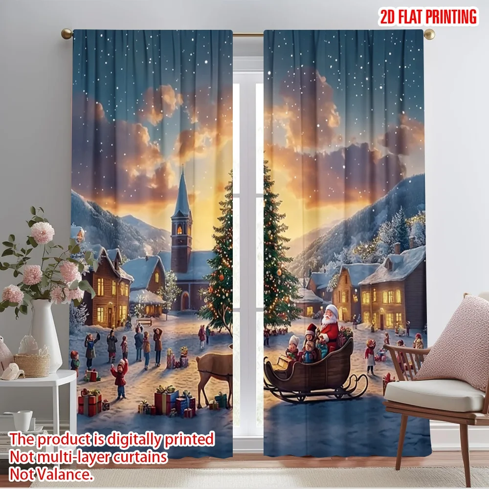 2pcs,2D plane printing Curtain Fabric christmas trees2 (3) Versatile Polyester (without rod) Decorations Inside for Season Home