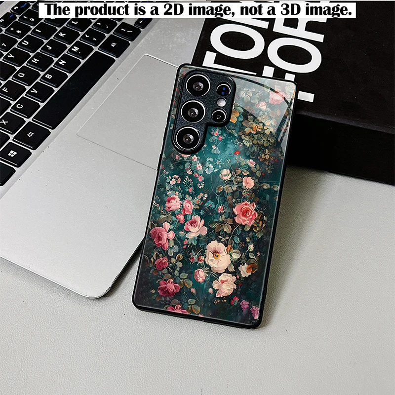 2D Printed Dark Green Base Pink Rose Glass Phone Case Shockproof Full Cover For Samsung Galaxy S & A Series