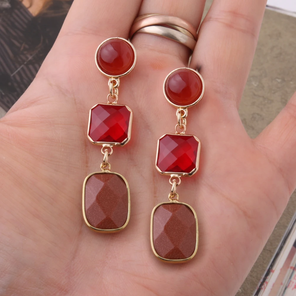 Trendy Natural Stone Freshwater Pearl Earrings For Woman Pink Crystal Stone Drop Hanging Brinco Geometry Party Charm Jewelry