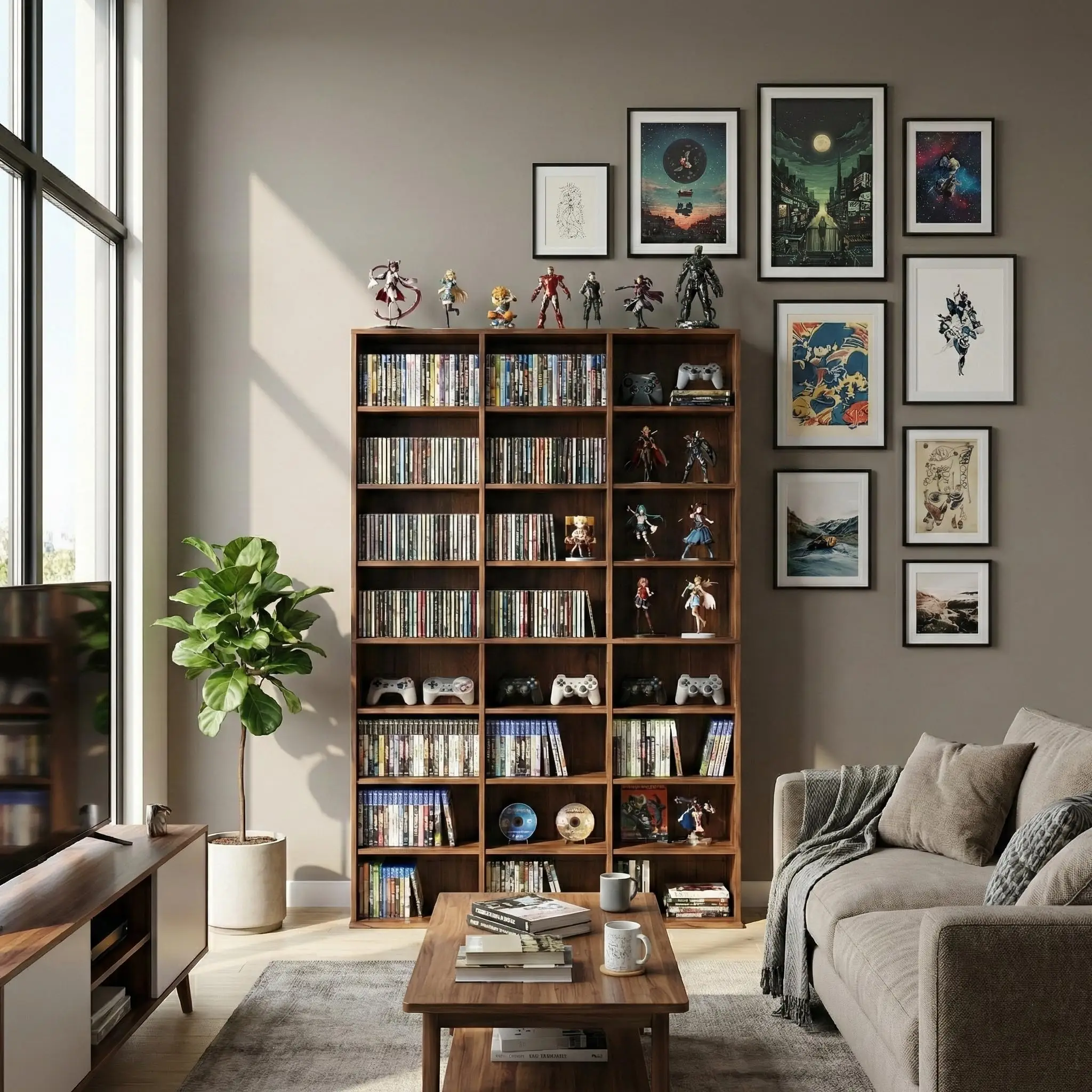 8-Tier Media Storage Cabinet, Tall Wooden CD Rack Organizer, Freestanding Media Display Shelf Tower for Video Games