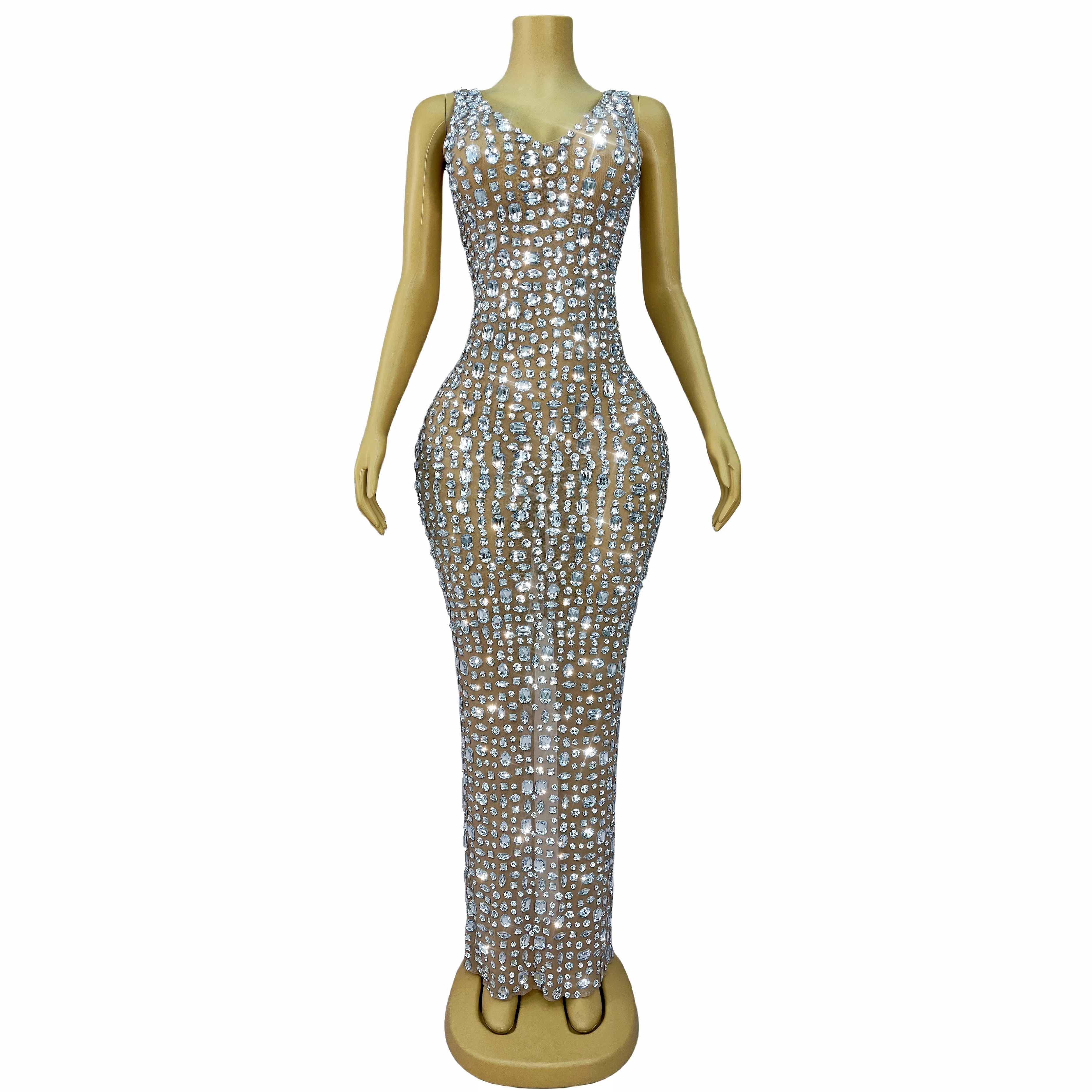 Simple style Shining Rhinestones Sexy Nude Mesh Dress Evening Birthday Celebrate Gown Red carpet Stage Elegant Outfit Baidou