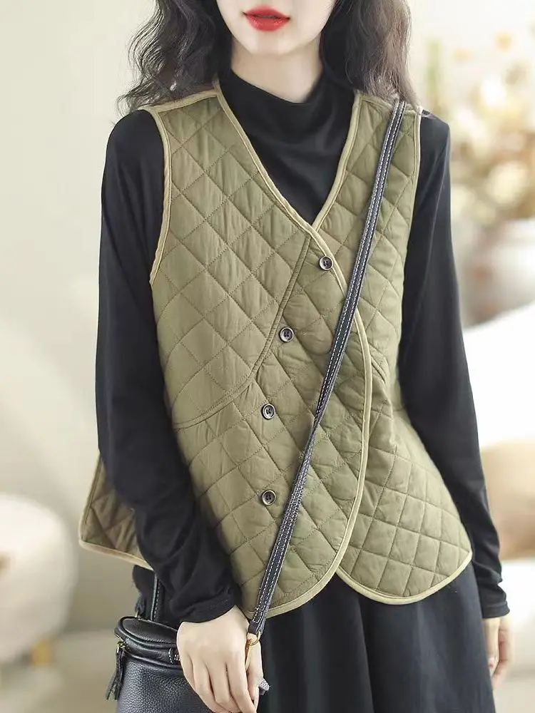 

Легкий хлопковый жилет, брендовый клетчатый жилет с зажимом, внутренняя хлопковая тонкая бриллиантовая женская японская художественная многослойная верхняя одежда
