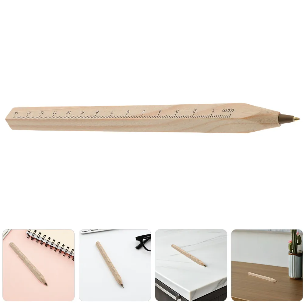 8Pcs Natural Wood Ballpoint Pen Set Dual Function Ruler Design Comfortable Square Shape Smudge-Resistant Ink Executive Signature