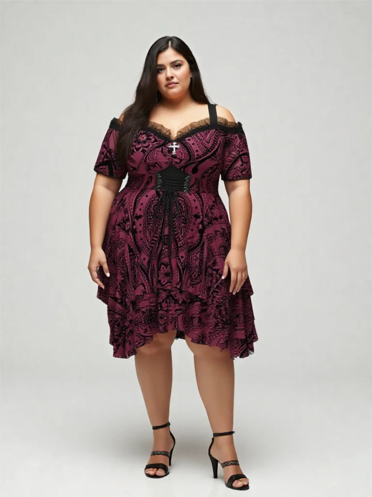 

ROSEGAL Plus Size Gothic Dresses Lace Up Flocking Floral Layered Cold Shoulder Flowy Dress Women Ruched Tank Vestidos 5XL
