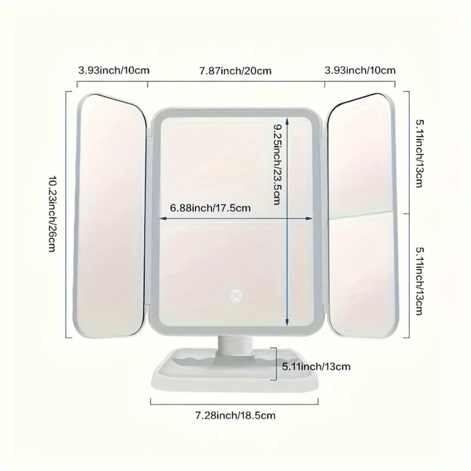 Specchio per il trucco a LED a tre pieghe con supporto e illuminazione a 3 colori, oscuramento dello schermo e regalo per le donne