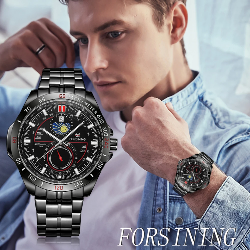 

FORSINING Brand Sport Men's Watch Black Military Automatic Mechanical Watches Moon Phase Date Window Steel Strap Luminous