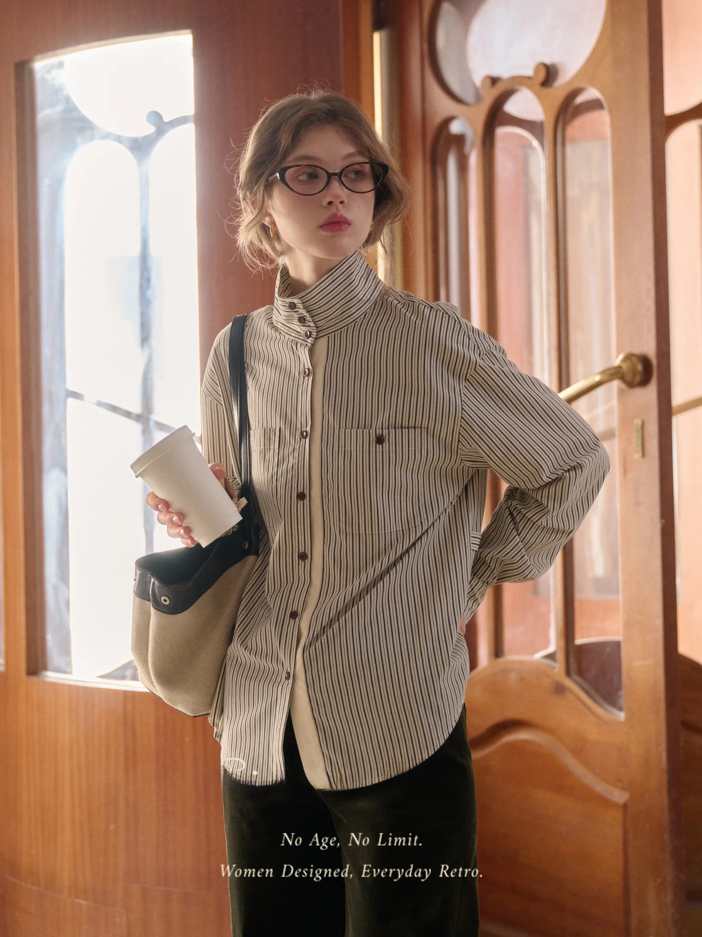 

SimpleRetro Women's Retro Cotton Flannel Striped irt Tee-Way Long Sve Top Breathable Comfortable French Sle Loose Fit