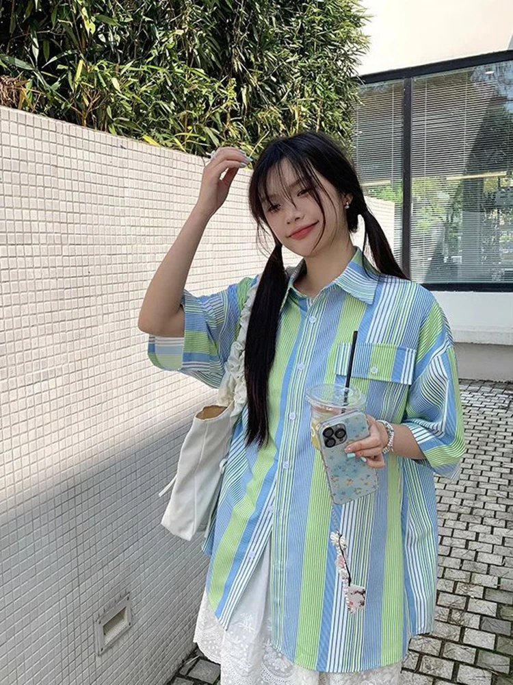Koreanische Lose Gestreiften Hemd Frauen Casual Vintage Oversize Halbe Hülse Bluse Sommer Adrette Weibliche Retro Süße Tops