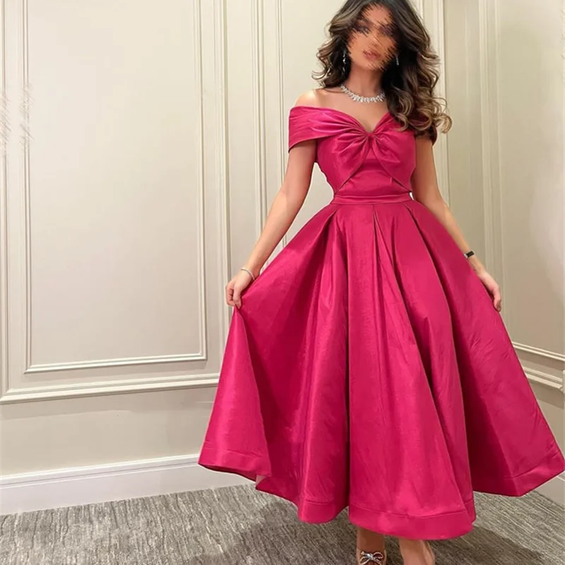 

Ankle Length Prom Dresses Off Shoulder Zipper Back Dubai Evening Party Dress for Women Ruched A Line Robes Cocktail Vestidos