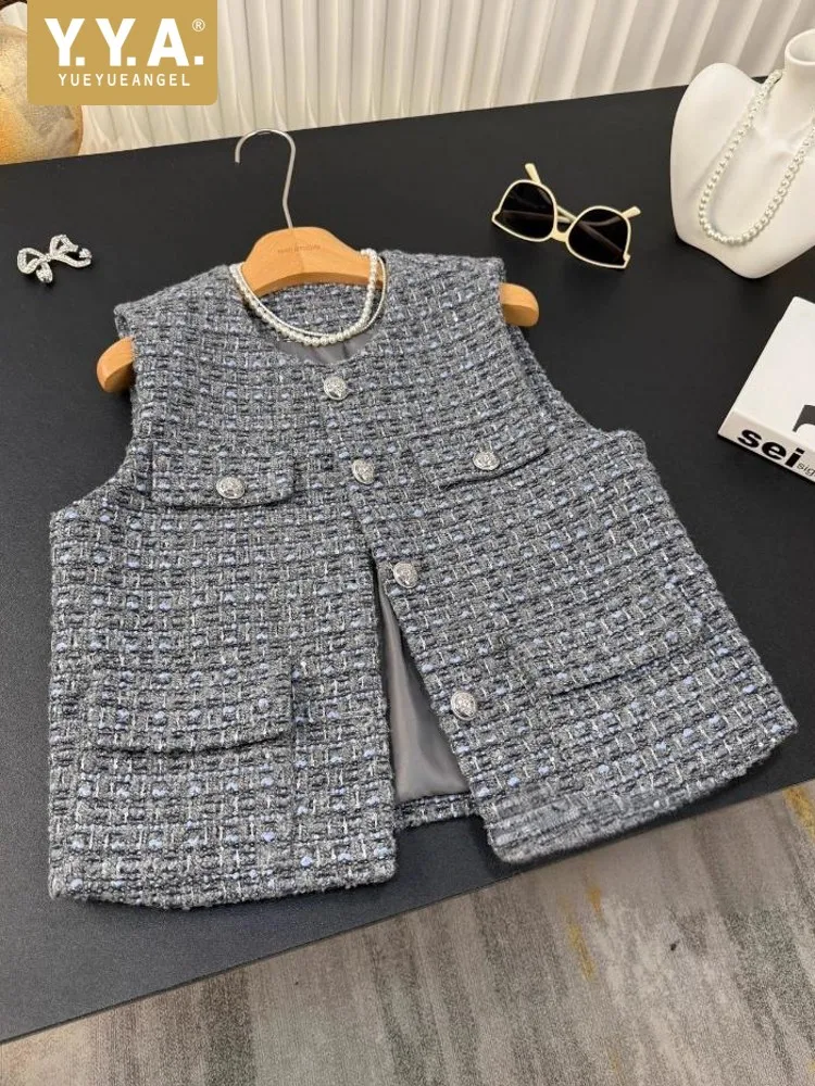 الخريف المرأة خمر الصوفية سترة دون أكمام معطف س الرقبة واحدة الصدر تويد سترة سيدة سليم صالح موضة الشارع الشهير صدرية #1