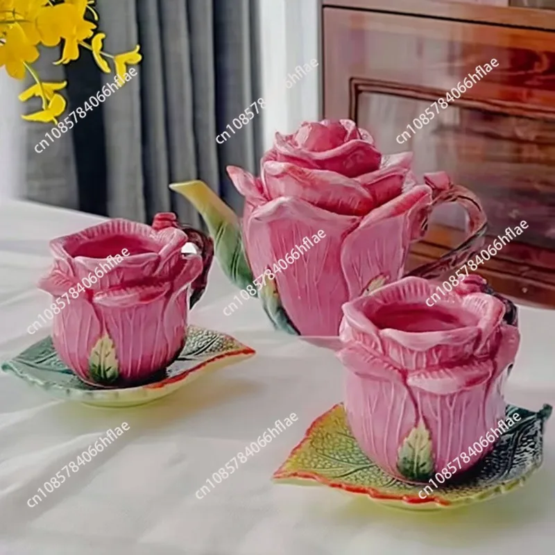 Ceramic Magenta Rose Tea Set Teapot Cup Set Herbal Coffee Flower Cup Afternoon Tea