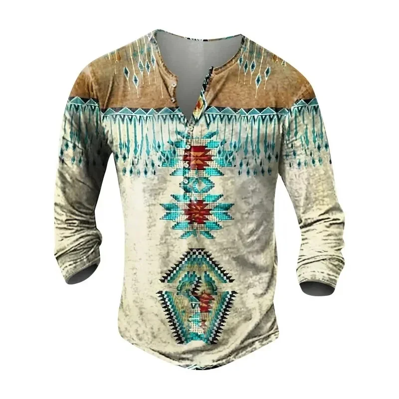 Indian Ethnic Style Henley Shirts 3D Print Shirt For Men Vintage Men\'s Clothing Button-Down Men\'s Casual Long Sleeve Shirts