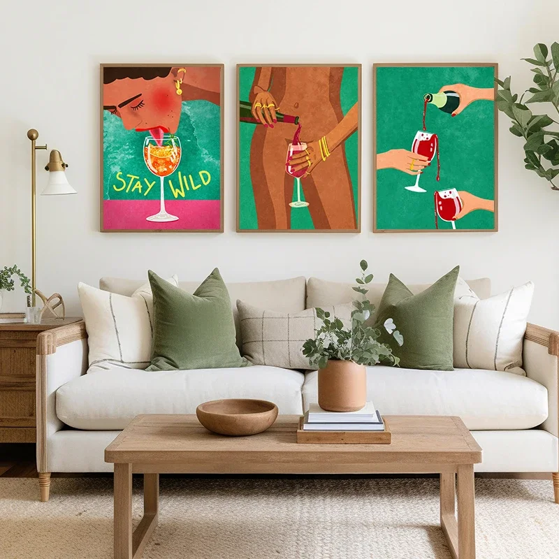 Colorful Sexy Girl Boho Drink Wine Fruit Abstract Wall Art Canvas Painting Posters and Print Wall Pictures for Living Room Decor