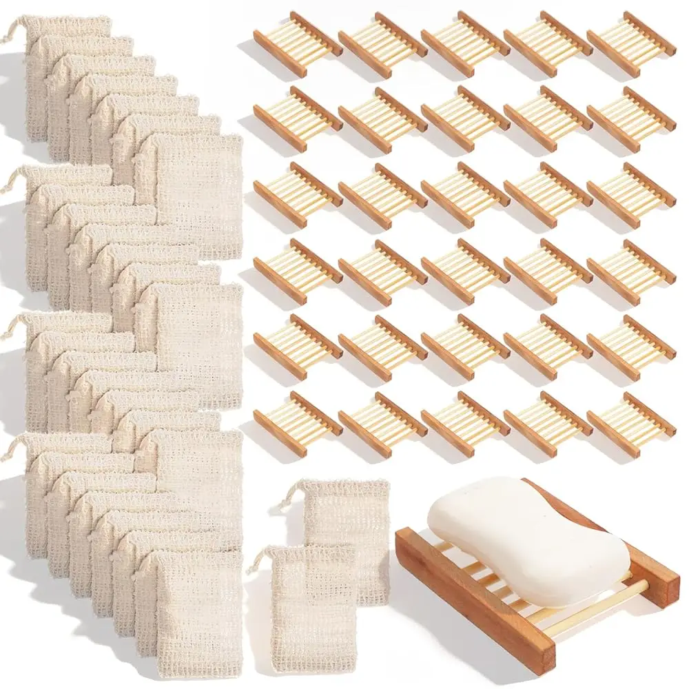 

Набор из 60 си́зальных мешочков для мыла, натуральные отшелушивающие мешочки из сизаля с бамбуковой подставкой для мыла, для ванны и душа, подарочная упаковка, бежевый цвет