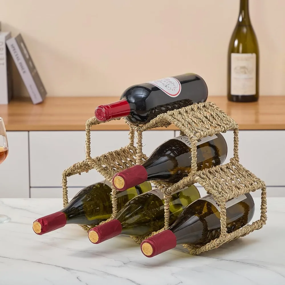 Counter Table Top Wine Rack, Freestanding ,Seaweed and Metal Wine Rack,Counter Bottle Storage,  Natural