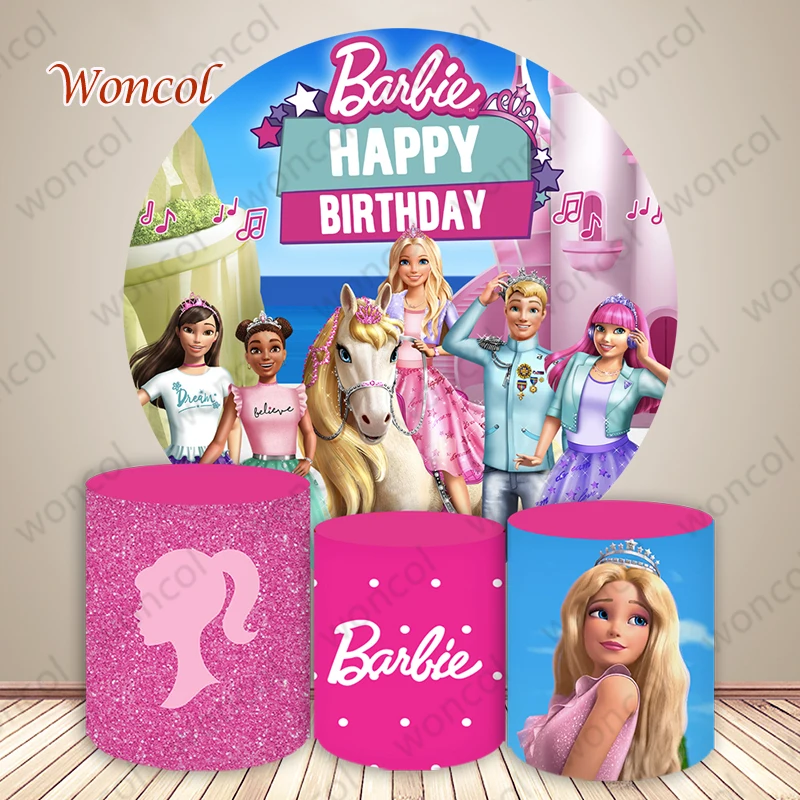 Barbie Round Backdrop Girls Birthday Backdrop Barbie Cylinder Cover Barbie Birthday Party Decorations Photography Booth Props