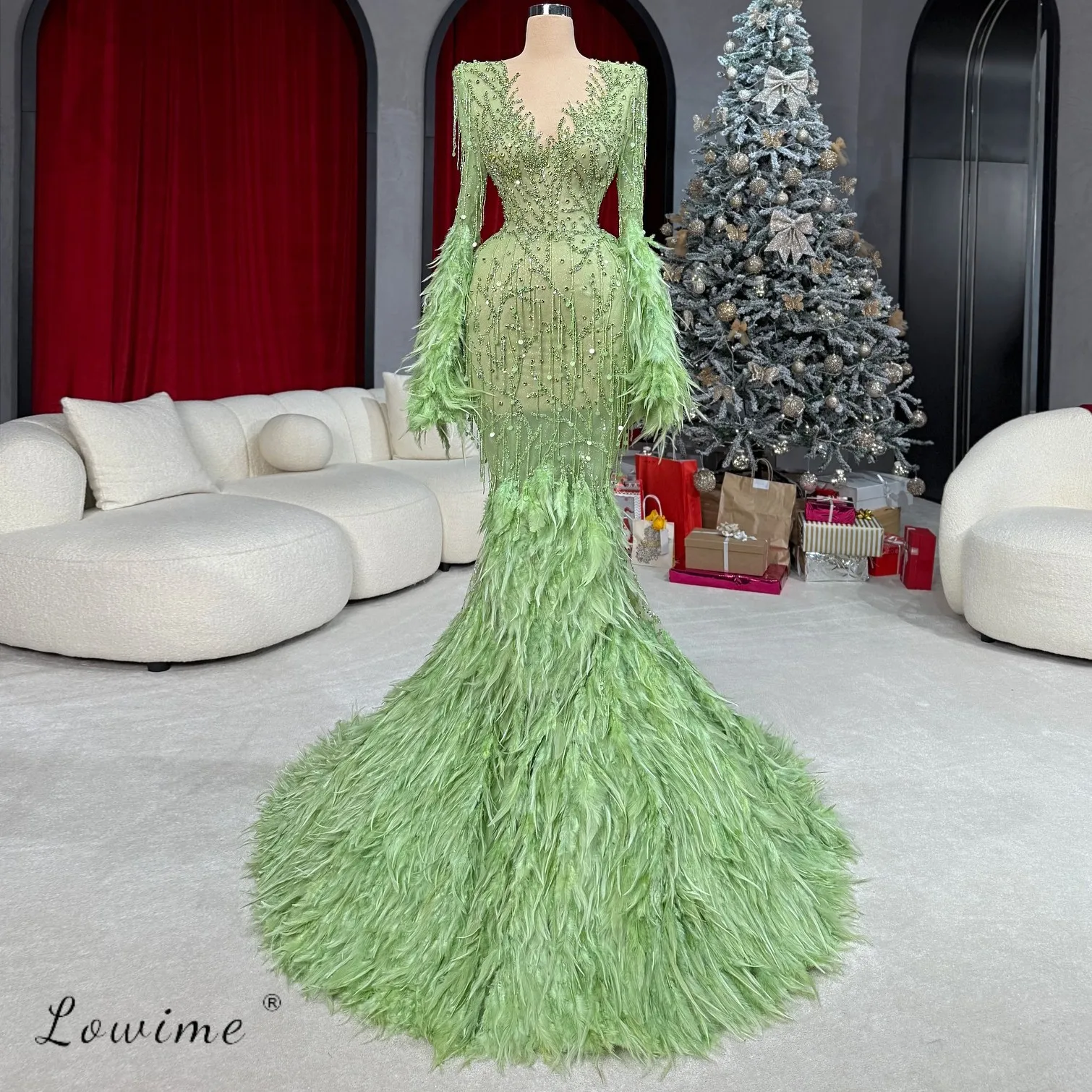 

2025 Green Mermaid Evening Luxury Dress Beaded Feather Long Evening Dresses Gowns For Occasion