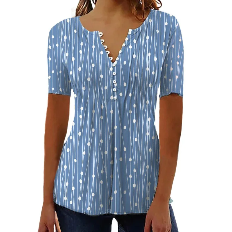 2024 Europese En Amerikaanse Lente/Zomer Nieuwe V-Hals Polka Dot Shirt Met Korte Mouwen En Print Trui