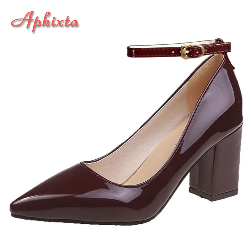 Aphixta New 2.75Inch Pimp Buckle Patent Leather Shoes Women Pumps Leisure Red Fashion Official Pointed Toe Plus Size 50