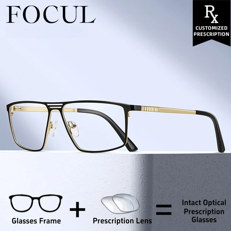 

FOCUL Business Square Metal Anti Blue Light Glasses Photochromic Myopia Eyeglasses Men Customized Prescription Optical Eyewear