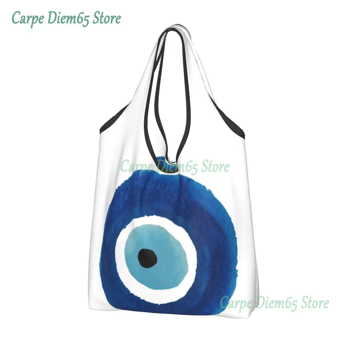 

Kawaii Watercolor Evil Eye Nazar Painting Shopping Tote Bags Portable Hamsa Lucky Charm Grocery Shopper Shoulder Bag