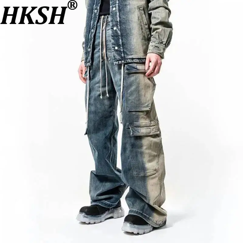 HKSH Spring Autumn New Men Tide Chic Ins Cargo Pants Denim Heavy Washed Blue Gradient Wide-Leg RO Safari Style Jeans Y2K HK26218