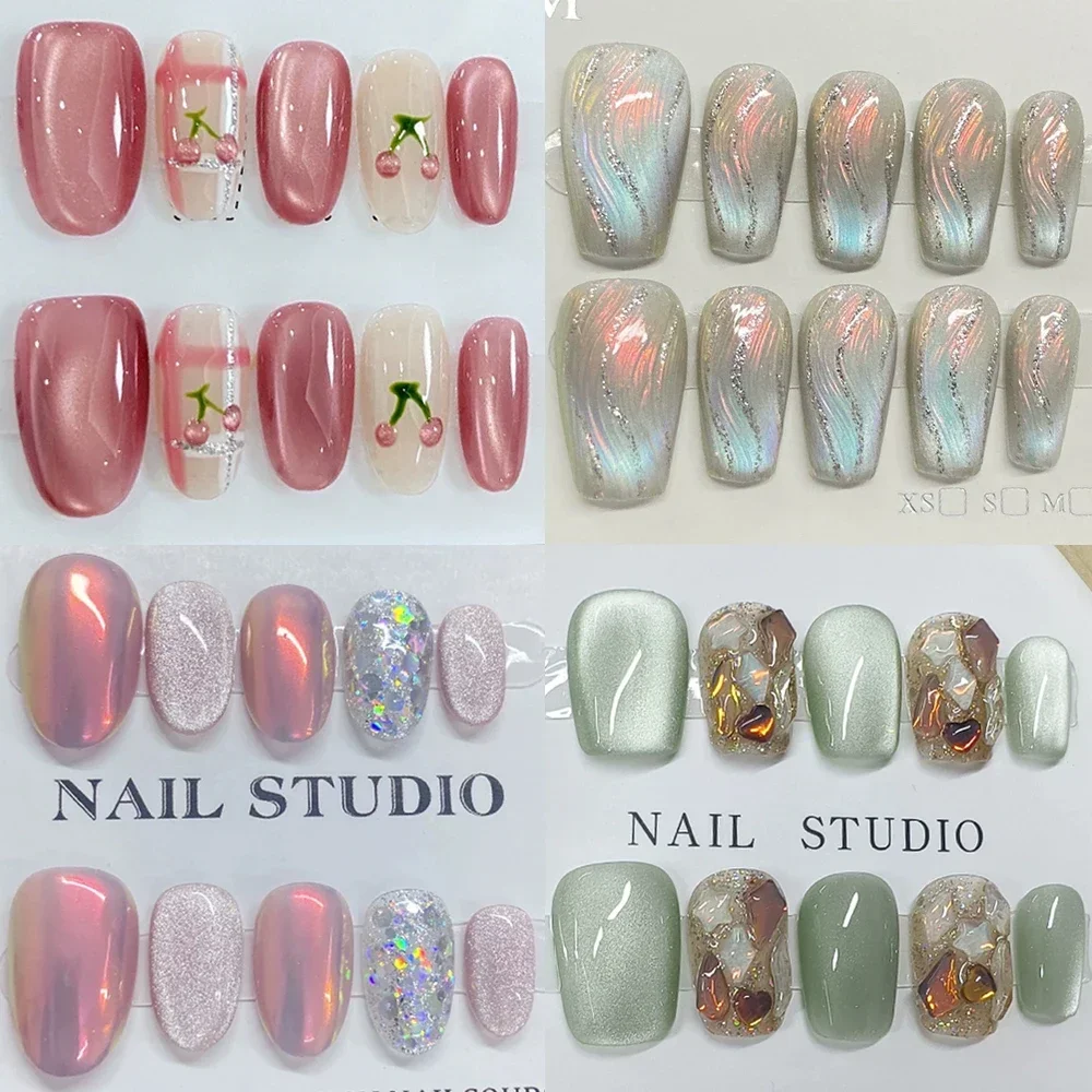 

10Pcs Cute Short Handmade Wearable Press On False Nails Cat Eyes Diamond Sequins Butterfly Square Round Full Cover Nail Tips Art