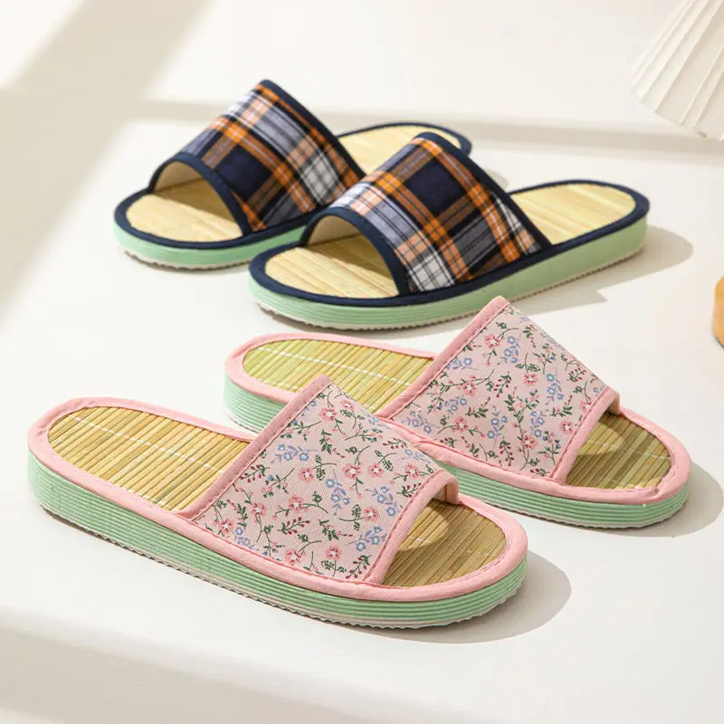 Summer Slippers Home Bamboo Mat Bottom Sandals Floor Shoes for Women Rattan Grass EVA Bottom Elastic Slides zapatos de mujer