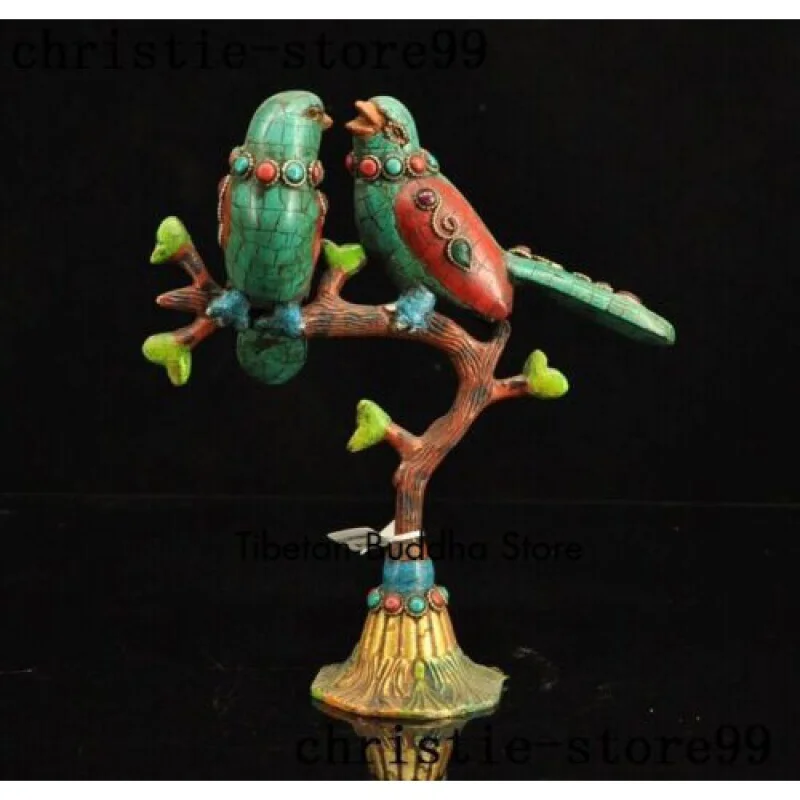 

Chinese bronze 24k gold Gilt inlay gem Turquoise Lucky animal bird statue